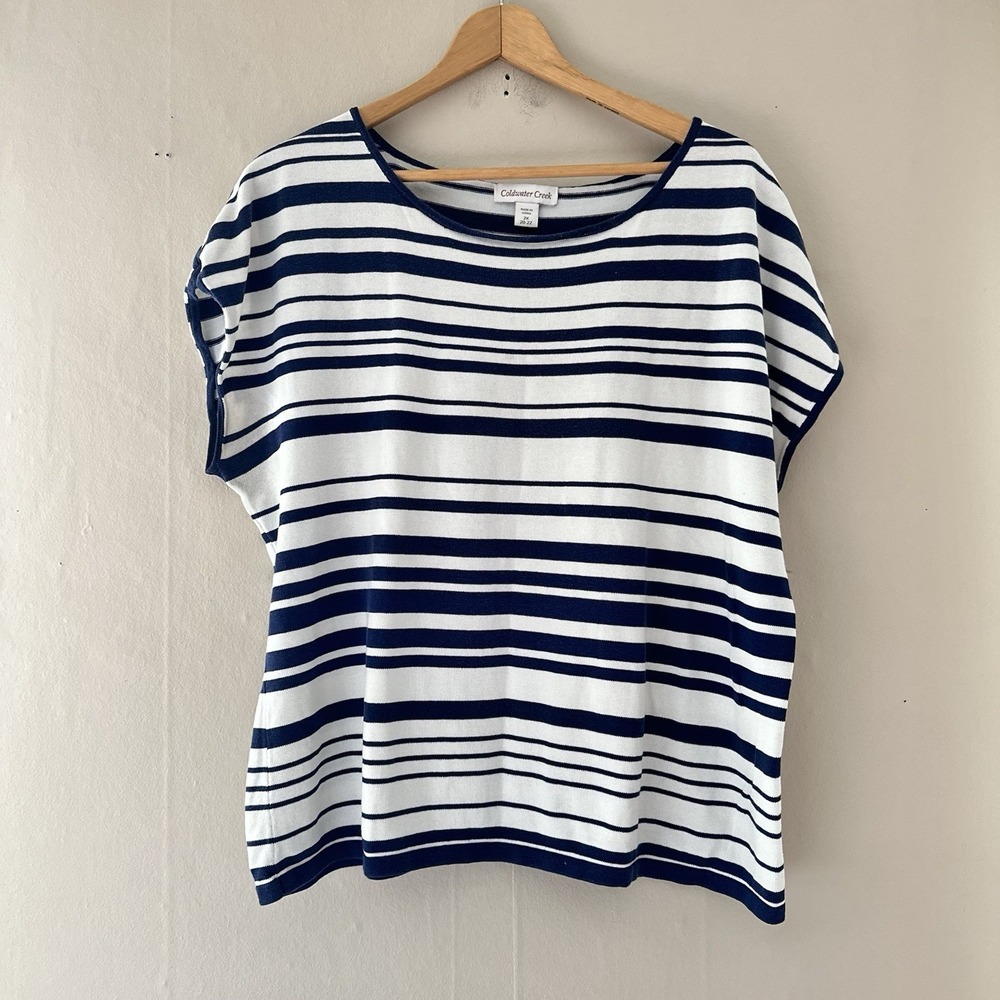 Womens Silk Blend Knit Sleeveless Top Size 2X Blue White Striped Nautical Mature